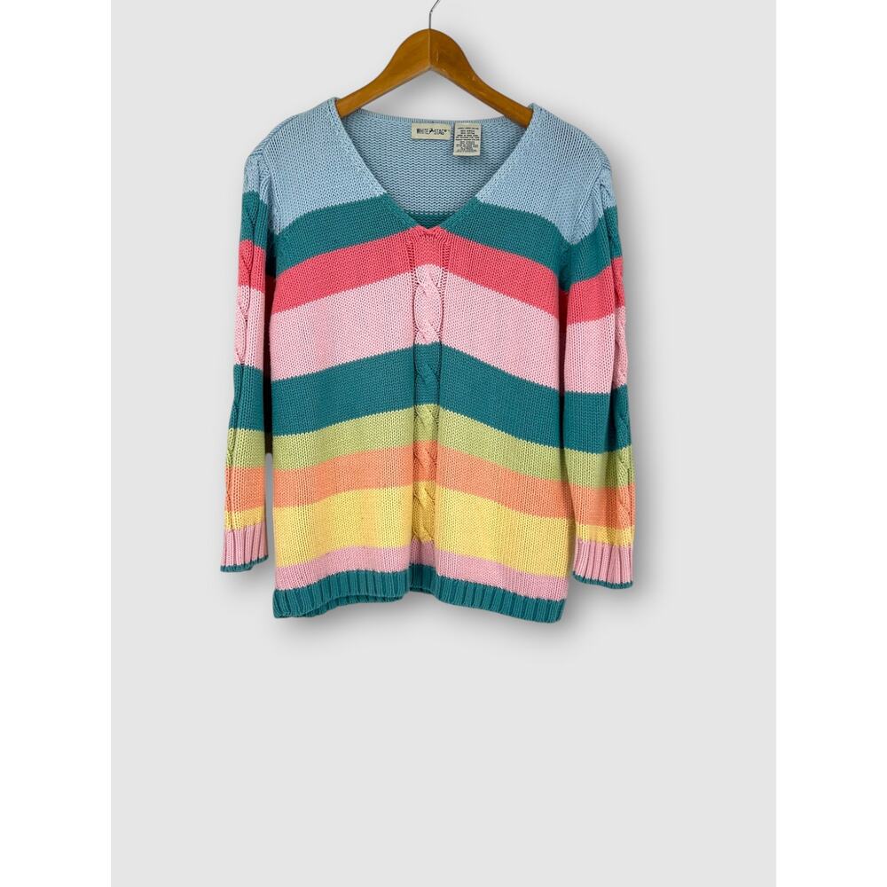 90s Vintage Rainbow Stripe Chunky Knit Pullover Sweater Size Large